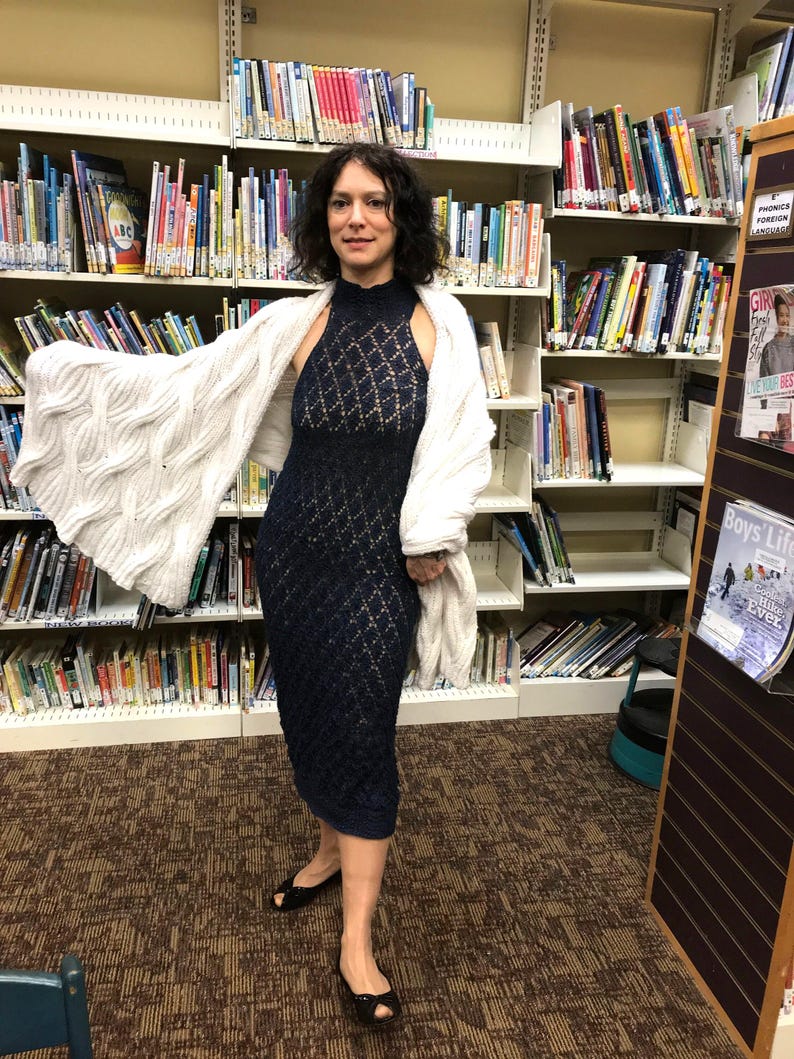 Hand knit evening dress;Size: small/medium
material: baby alpaca; Color: midnight blue
Bare shoulders same front and back style
Shawl sell separate, see separate listing for it