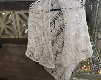 Triangular shawl, hand knit in white color; ready to ship; cotton yarn shawl; length top 60"/152.5 cm; Center height 41"/104 cm