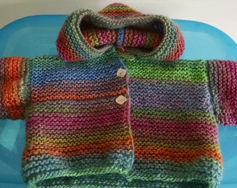 Baby hand knit sweater with hood in multiple colors and various sizes.