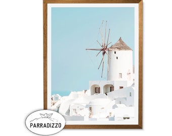 Mediterranean Ocean View Home Decor Blue and White Greek Room Decor 24x32 18x24 Inch Santorini Windmill Framed Print Greece Wall Art
