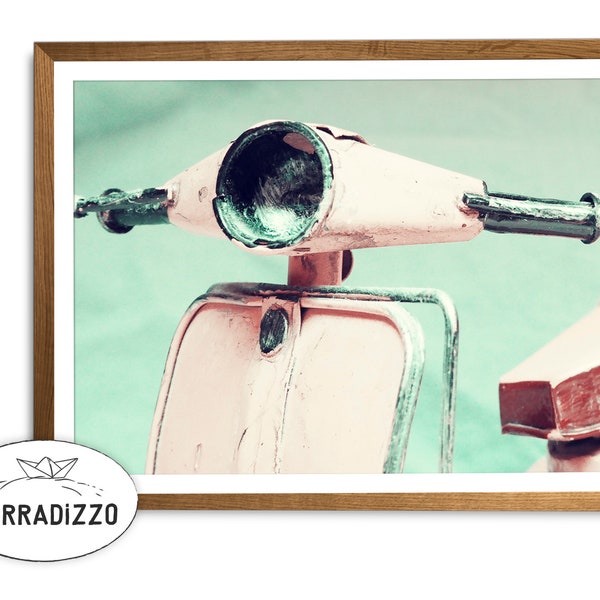 Old Vespa Digital Print Instant Download, Vintage Scooter Photography, Retro Printable Art, Teal Pink Home Wall Decor