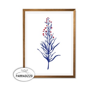 Abstract Flora, Instant Download, Blue Plant Print, Red Flowers, Printable Art, Illustration Print, Nursery Wall Art, Wall Decor Download