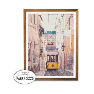 Lisbon Yellow Tram Digital Wall Art, Portugal Streets Photography Home Wall Decor, Lisbon Architecture, Portugal Large Poster Blush Pink