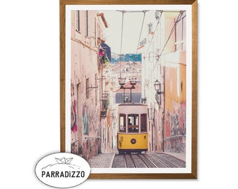Lisbon Yellow Tram Digital Wall Art, Portugal Streets Photography Home Wall Decor, Lisbon Architecture, Portugal Large Poster Blush Pink