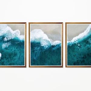 Ocean Waves Set of 3 Prints, Aerial Coastal Beach Digital Painting, Blue Ocean Water Wall Art, Triptych Printable Wall Decor Download