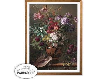 Vintage Flowers Painting Wall Art, Moody Antique Bouquet Oil Painting, Home Wall Decor, Digital Print, Instant Download