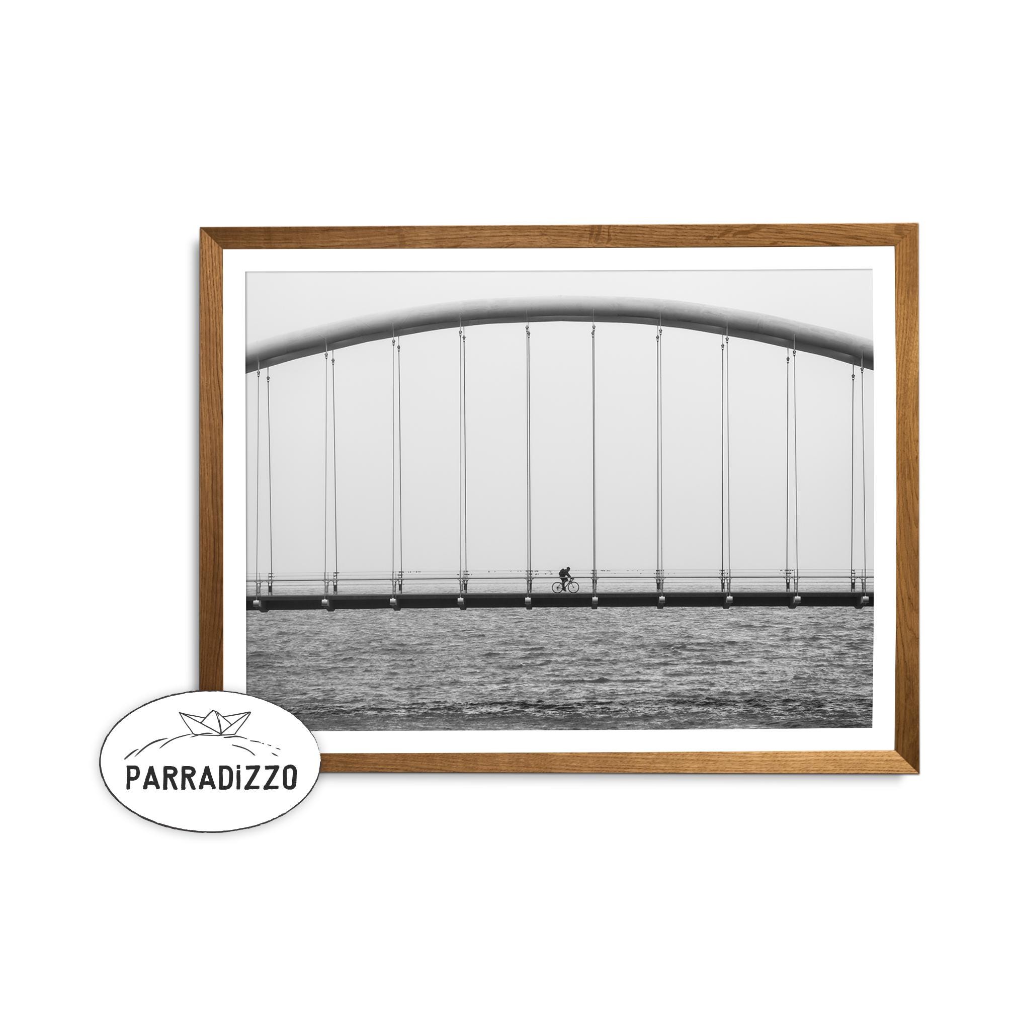 Black And White Architecture Bridge Photography Print, Printable Wall Art Instant Download, Bike On A Bridge, Minimalist Home Decor