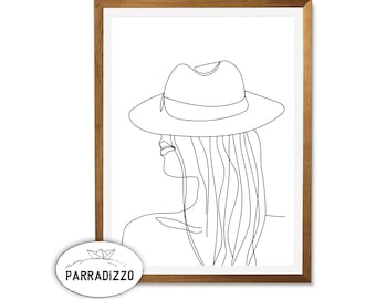 Woman in Hat Line Art Print: Minimalist Modern Wall Decor (Digital Download)