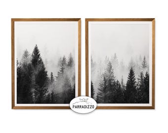 Fotografia di una foresta in bianco e nero, set di 2 stampe, decorazioni invernali da parete, download digitale