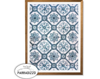 Blue Moroccan Mosaic Digital Print, Oriental Tiles Wall Art, Boho Home Decor, Bohemian Poster Download Printable, Morocco Design Framed Art