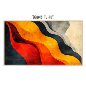 May include: Abstract art print with layered, wavy shapes in red, orange, yellow, grey, and navy blue. The artwork is framed with a light beige border, and the text "FRAME TV ART" is displayed at the top. The artwork is suitable for a living room.