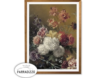 Vintage Flower Oil Painting Wall Art, Digital Download Wall Decor, Moody Antique Bouquet Painting