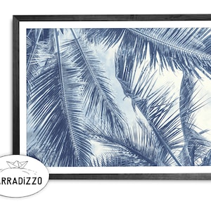 Blue Palm Tree Leaves Digital Print, Denim Blue Palm Leaf Printable Wall Art Instant Download, Tropical Wall Art Home Decor Print