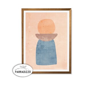 May include: Abstract art print with a peach colored circle, a brown bowl, and a blue vase on a pink background. The print is framed in a light brown wood frame.