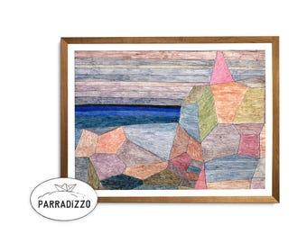 Peut inclure: Impression d'art abstrait dans un cadre en bois. L'œuvre présente des formes géométriques de différentes couleurs, dont le bleu, le rose, le vert et l'orange. L'impression est signée "Parradizzo" en bas à gauche.