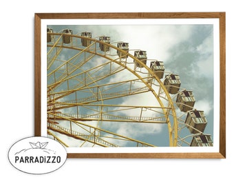 Impresión fotográfica de una noria vintage: Arte retro de parque de atracciones (descarga digital)