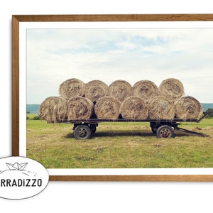 Grass Hay Bales Trailer Photography, Farmhouse Wall Decor Download, Botanical Nature Country Village Wall Printable Art, Rustic Poster Art