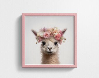 Llama Wall Art, Animal Flower, Square Digital Print, Nursery Room Decor, Cute Alpaca, Pastel Pink, Instant Download, Textured Background