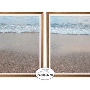 Conjunto de 2 impressões de praia, arte de parede costeira para impressão, decoração de casa com água azul e mar, moldura dupla de ondas do oceano, impressão de areia e água, download instantâneo
