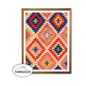Geometric Southwestern Wall Art: Red, Blue, Yellow Rug Pattern (Digital Download)