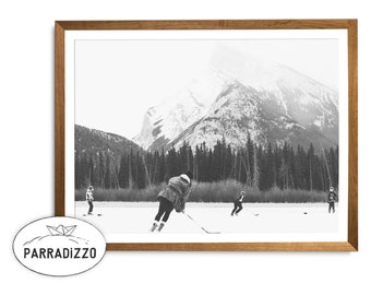 Ice Hockey Canada Lake Black White Photography, Playing Winter Sport Wall Art, Ice Snow Wall Decor, Christmas Wall Gallery Download