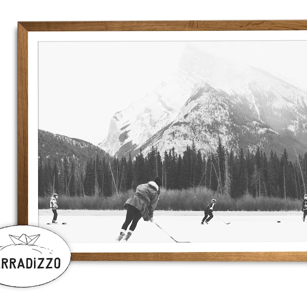 Ice Hockey Canada Lake Black White Photography, Playing Winter Sport Wall Art, Ice Snow Wall Decor, Christmas Wall Gallery Download