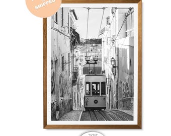 Lisbon Tram Print, Black and White Photo, Portugal Architecture Wall Art, PRINTED AND SHIPPED