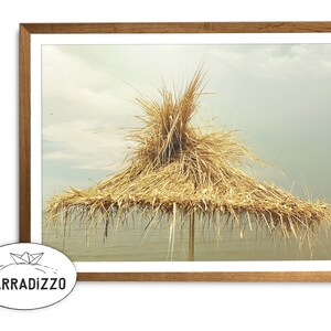 Beach Umbrella Photography Digital Print, Coastal Wall Art Instant Download, Blue Sky Sea Beach Photo Printable Art