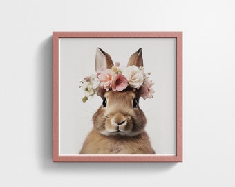 Bunny Rabbit Wall Art Print, Portrait Cute Baby Animal, Flower Crown, Peekaboo Nursery Woodland Decor Download, Grey Textured Background