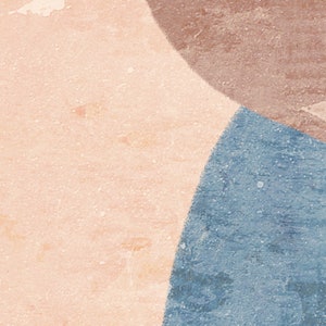 May include: Abstract art print with a peach background and three overlapping shapes in shades of brown and blue.