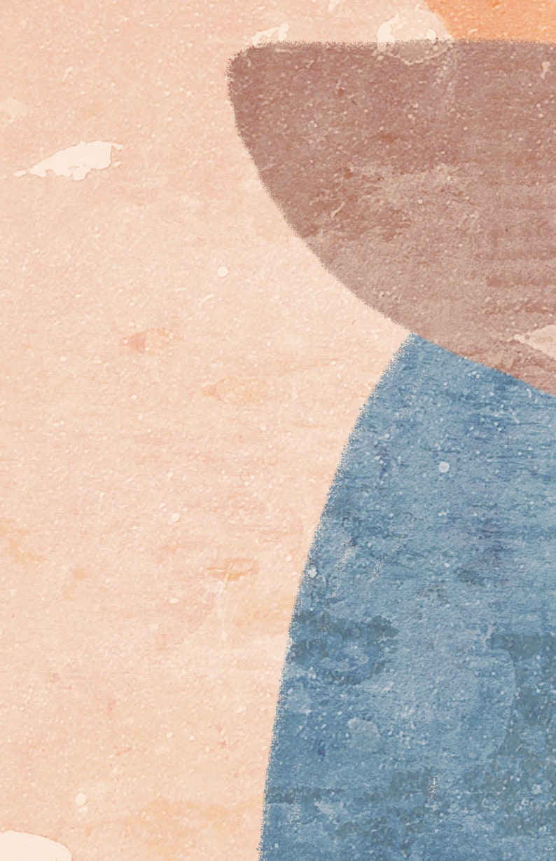 May include: Abstract art print with a peach background and three overlapping shapes in shades of brown and blue.