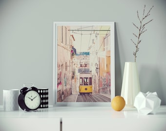 Lisbon Yellow Tram Print, Portugal Street Photography, Digital Wall Art Download