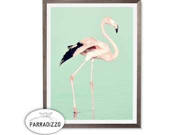 Pastel Pink Flamingo Print: Teal Water Bird Wall Art (Digital Download)