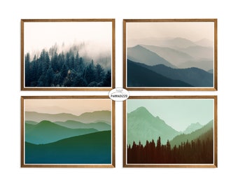 Mountain Photography Digital Print Wall Art Instant Download, Green Mountain Colourful Layers Landscape, Forest Set of 4 Landscape Prints