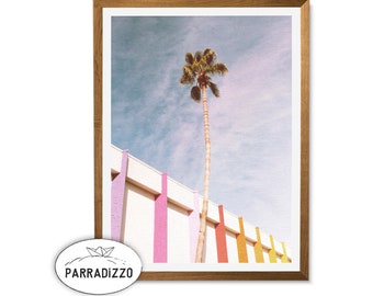 Palmboomprint: kleurrijk gebouw, tropische muurkunst (digitale download)