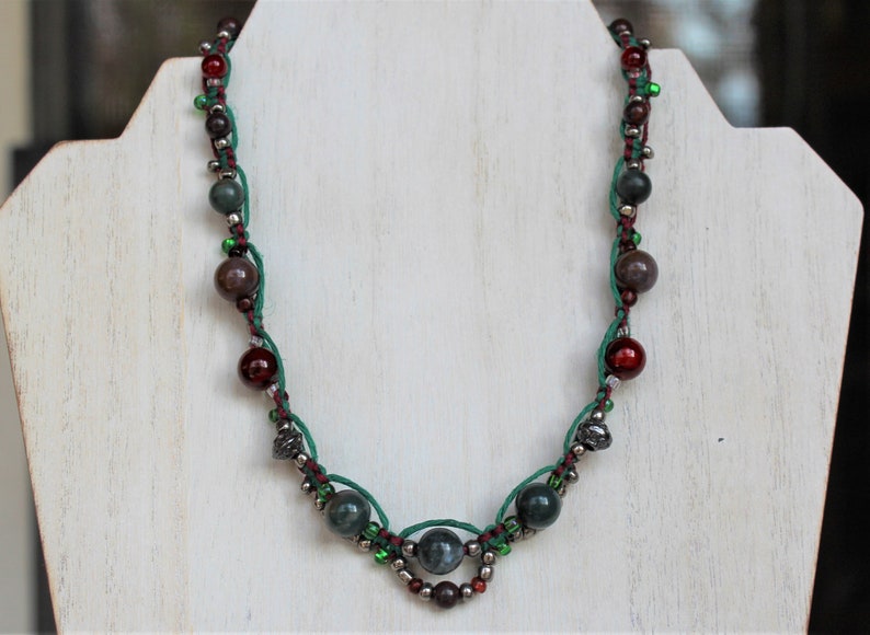 One of a kind Quartzite Women/'s Brecciated Jasper Hers Beaded Choker Braided Choker Semiprecious Gift Wine /& Evergreen Unique