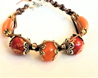 Red Orange Antique Gold Floral Beaded Bracelet, Natural Earthy Braided Bracelet, Bright Orange Statement Bracelet, Beautiful Floral Bracelet