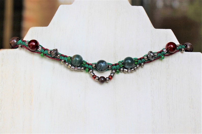 One of a kind Quartzite Women/'s Brecciated Jasper Hers Beaded Choker Braided Choker Semiprecious Gift Wine /& Evergreen Unique
