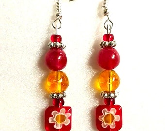 Boucles D'oreilles Perles Rondes En Verre Millefiori Orange - Fermoir Dormeuse Plaqué Or