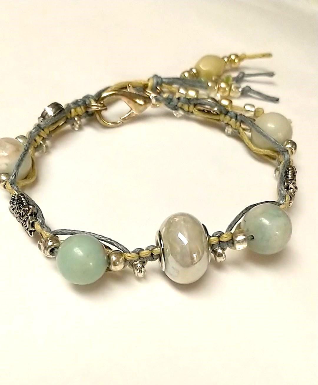Amazonite Silver Owl Moon Macrame Bracelet, Moon Owl Light Green Stone Bracelet, Light Green Amazoni