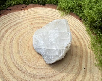 Pode incluir: Um espécime de cristal branco bruto e translúcido com uma forma irregular e serrilhada, apresentando fraturas internas visíveis, repousando sobre uma fatia circular de madeira com anéis de crescimento marcados e casca, rodeado por musgo verde.
