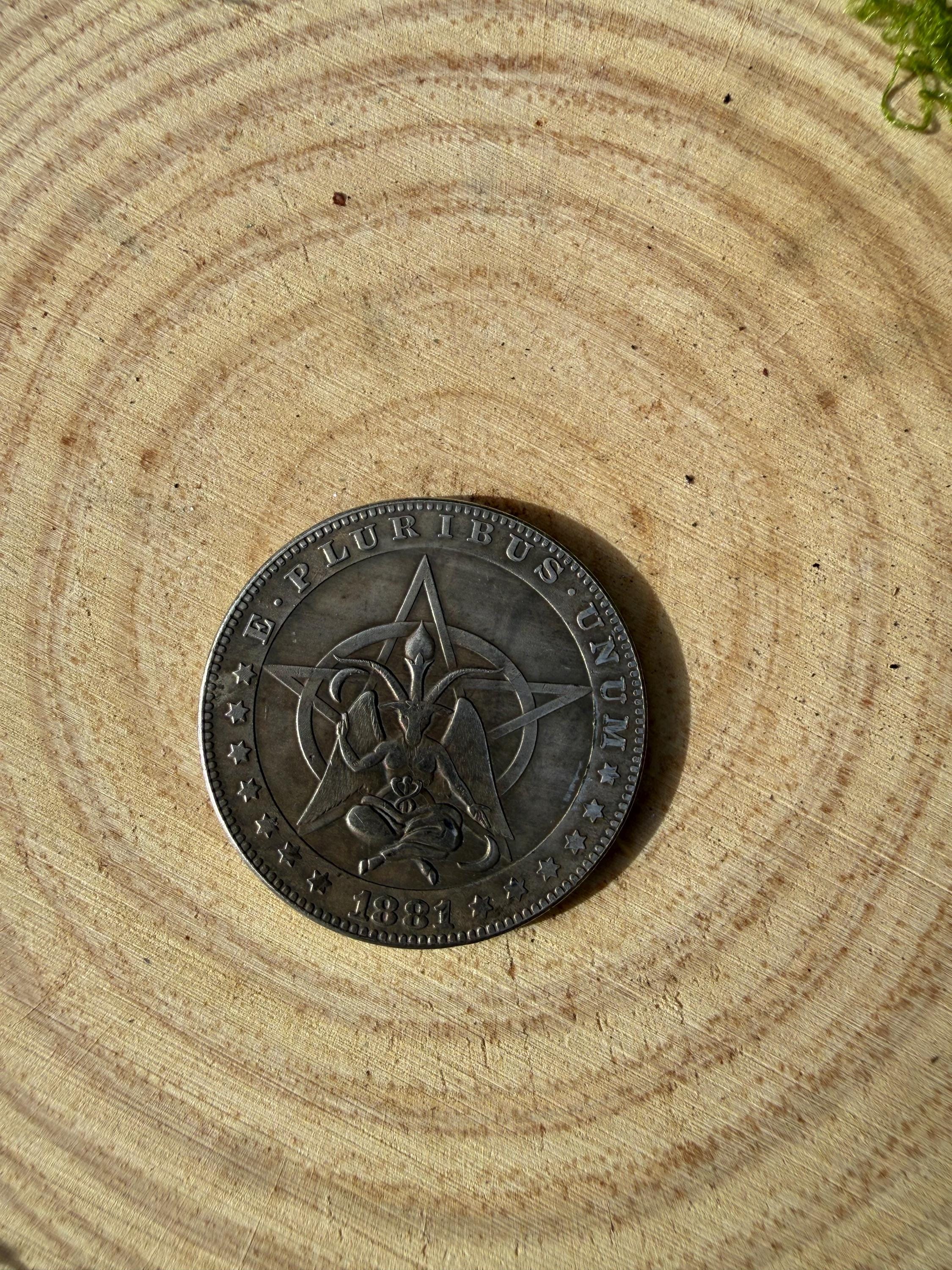 Baphomet Novelty Coin Talisman– Silver Dollar Pentagram Coin