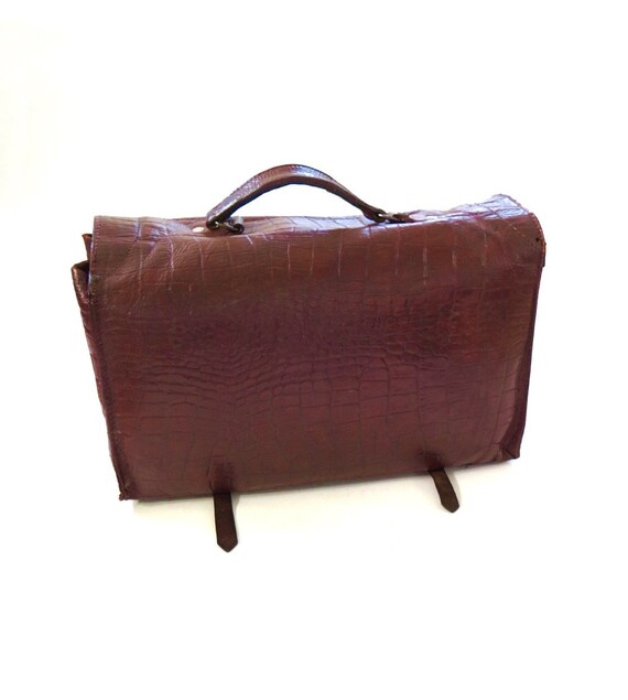 Vintage 1930s 1940s Brown Moc Croc Leather Holdall