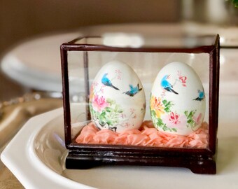 Egg Shell Art Botanical Painting on Egg Shells Chinese Hand Painted Egg Shells Encased in Wood and Glass Atop Silk Fabric