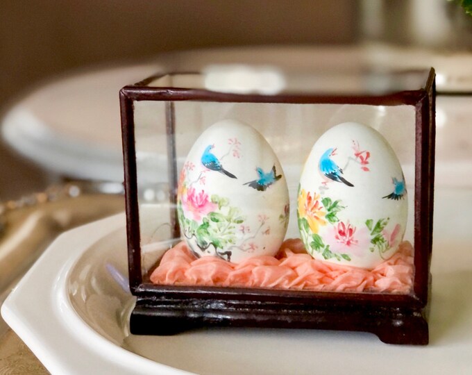 Egg Shell Art Botanical Painting on Egg Shells Chinese Hand Painted Egg Shells Encased in Wood and Glass Atop Silk Fabric