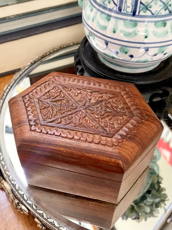 Vintage Wood Hand Carved Trinket Box, Wood Decor, 