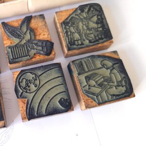 Vintage Complete School Box With Twelve (12) Rubber Stamps About Communications Throughout the Times. Vintage Collectible School Stamps Box.