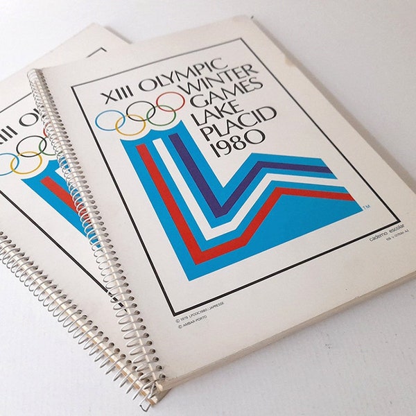 Vintage XIII Olympic Winter Games Lake Placid 1980 Cover A4 School Notebook with Detachable Lined Leaves. Vintage Portuguese Notebook.