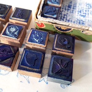 Vintage Complete School Box of Small Twelve (12) Rubber Stamps with Different Sea Animals. Vintage Collectible School Stamp Box.