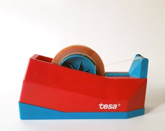 Vintage Large Red and Blue Tesa Tape Dispenser. Vintage Office Tesa Tape Dispenser.